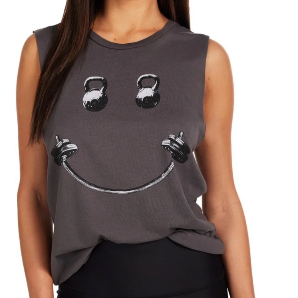 Lauren Moshi | Gray Barbell Happy Face Graphic Muscle Tank | XL - Picture 6 of 6